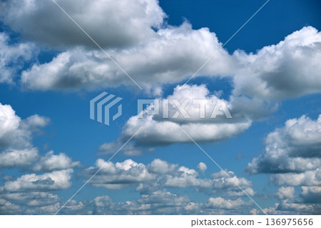 Bright landscape of white puffy cumulus clouds on blue clear sky. Bright landscape of white puffy cumulus clouds on blue clear sky. 136975656