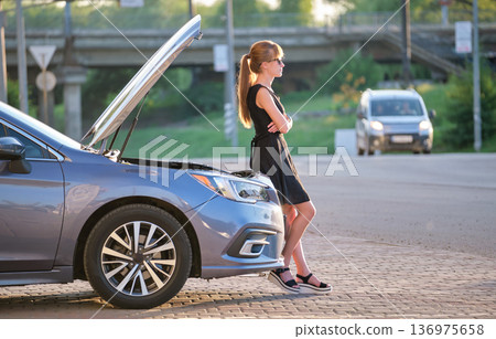 Helpless woman standing near her car with open bonnet inspecting broken motor. Young female driver having trouble with vehicle Helpless woman standing near her car with open bonnet inspecting broken motor. Young female driver having trouble with vehicle 136975658