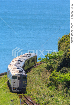 指宿枕崎線觀光列車沿著海岸線蜿蜒行駛,背景是錦江灣。 指宿枕崎線觀光列車沿著海岸線蜿蜒行駛,背景是錦江灣。 136975832