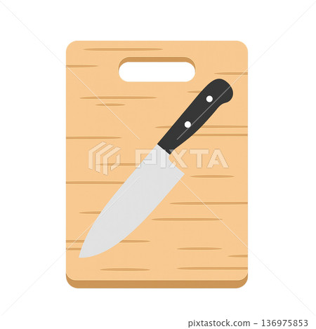 Watercolor style cutting board and knife illustration kitchen cooking utensils cutout material 136975853