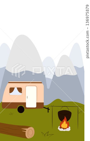 Flat vector illustration of camping outdoors. Mountains, campfire, tent, nature, camper, trees, coffee, backpack, guitar, kettle, boiler, tea, silence, calm, peace, marshmallows on fire 136975879