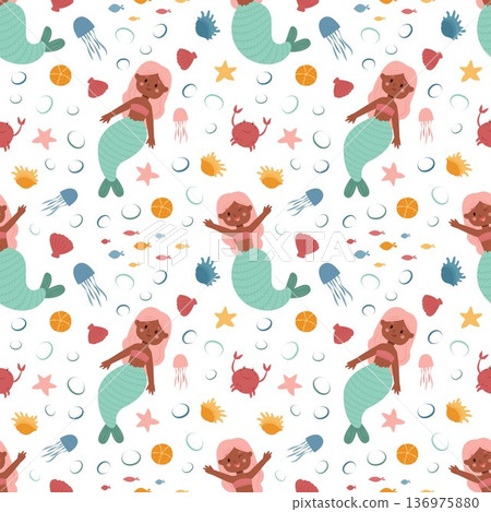 Vector illustration of a mermaid pattern. Pattern, mermaid, siren, wallpaper, seamless, textile, stationery 136975880