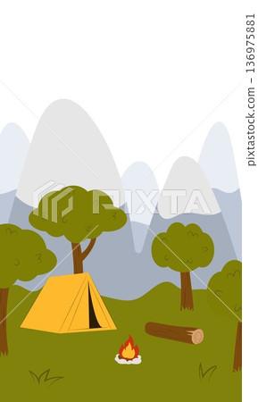 Flat vector illustration of camping outdoors. Mountains, campfire, tent, nature, camper, trees, coffee, backpack, guitar, kettle, boiler, tea, silence, calm, peace, marshmallows on fire 136975881