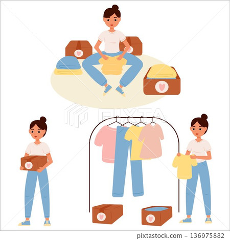 Vector illustration of clearing space and life of excess. Clearing out clutter at home, donating unwanted items Vector illustration of clearing space and life of excess. Clearing out clutter at home, donating unwanted items 136975882
