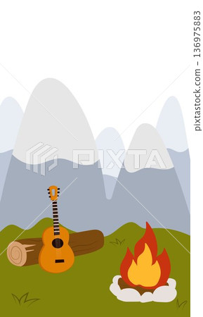 Flat vector illustration of camping outdoors. Mountains, campfire, tent, nature, camper, trees, coffee, backpack, guitar, kettle, boiler, tea, silence, calm, peace, marshmallows on fire 136975883