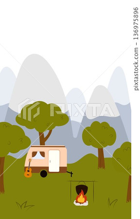 Flat vector illustration of camping outdoors. Mountains, campfire, tent, nature, camper, trees, coffee, backpack, guitar, kettle, boiler, tea, silence, calm, peace, marshmallows on fire 136975896