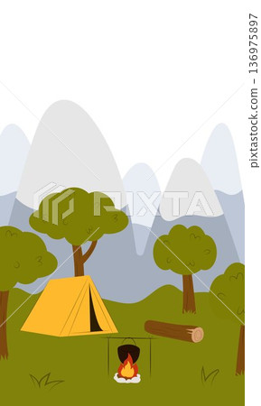 Flat vector illustration of camping outdoors. Mountains, campfire, tent, nature, camper, trees, coffee, backpack, guitar, kettle, boiler, tea, silence, calm, peace, marshmallows on fire 136975897