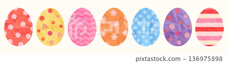 Vector Easter eggs paper shapes, halftone colorful egg designs with dots, stripes and flower patterns for collages and greeting cards Vector Easter eggs paper shapes, halftone colorful egg designs with dots, stripes and flower patterns for collages and greeting cards 136975898