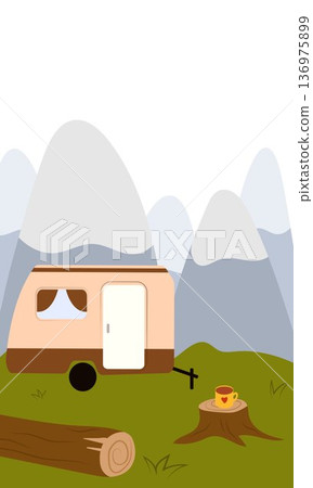 Flat vector illustration of camping outdoors. Mountains, campfire, tent, nature, camper, trees, coffee, backpack, guitar, kettle, boiler, tea, silence, calm, peace, marshmallows on fire 136975899