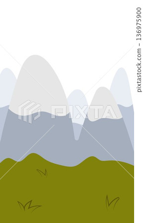 Flat vector illustration of camping outdoors. Mountains, campfire, tent, nature, camper, trees, coffee, backpack, guitar, kettle, boiler, tea, silence, calm, peace, marshmallows on fire 136975900