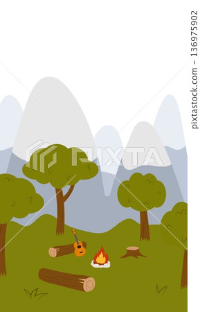 Flat vector illustration of camping outdoors. Mountains, campfire, tent, nature, camper, trees, coffee, backpack, guitar, kettle, boiler, tea, silence, calm, peace, marshmallows on fire 136975902