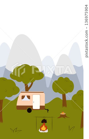 Flat vector illustration of camping outdoors. Mountains, campfire, tent, nature, camper, trees, coffee, backpack, guitar, kettle, boiler, tea, silence, calm, peace, marshmallows on fire Flat vector illustration of camping outdoors. Mountains, campfire, tent, nature, camper, trees, coffee, backpack, guitar, kettle, boiler, tea, silence, calm, peace, marshmallows on fire 136975904