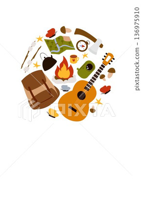 Flat vector illustration of camping outdoors. Mountains, campfire, tent, nature, camper, trees, coffee, backpack, guitar, kettle, boiler, tea, silence, calm, peace, marshmallows on fire Flat vector illustration of camping outdoors. Mountains, campfire, tent, nature, camper, trees, coffee, backpack, guitar, kettle, boiler, tea, silence, calm, peace, marshmallows on fire 136975910