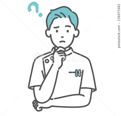 圖：一位身穿白大褂、憂心忡忡、沉思的男護士/醫護人員（上半身） 136975982