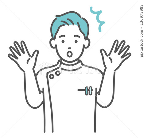 Illustration of a surprised and anxious male nurse or medical worker in a white coat (shocked, upper body) 136975985