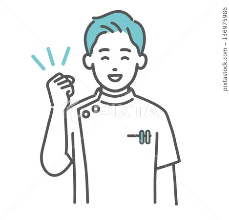 圖:一名身穿白大褂的男護士/醫護人員揮拳歡呼(上半身) 圖:一名身穿白大褂的男護士/醫護人員揮拳歡呼(上半身) 136975986