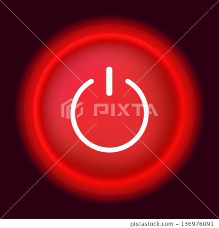 Glowing red power button symbol on dark background 136976091