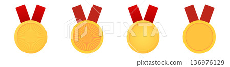 Gold medals with red ribbons displayed in a row 136976129