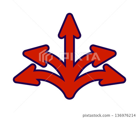 Red arrow direction symbol with multiple paths 136976214