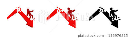 Person falling on downward red arrow: economic decline symbol Person falling on downward red arrow: economic decline symbol 136976215