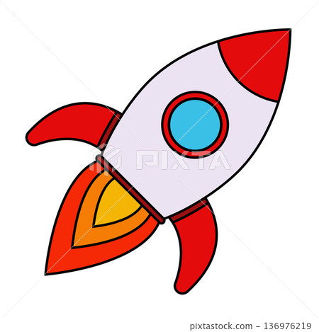 Colorful cartoon rocket with flame trail Colorful cartoon rocket with flame trail 136976219