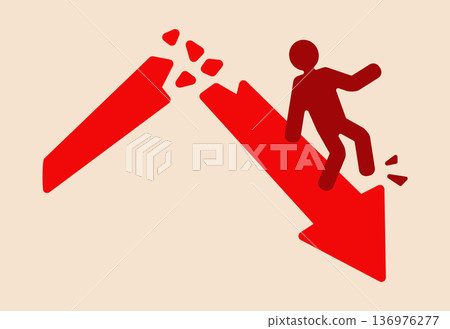 Red arrow downward with falling figure symbol Red arrow downward with falling figure symbol 136976277
