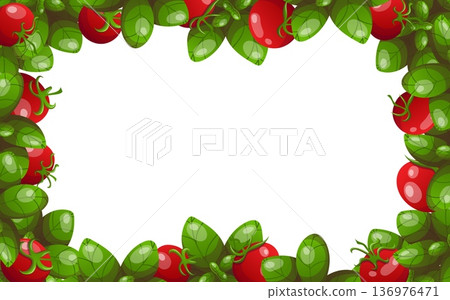 Horizontal frame with tomatoes and basil leaves Horizontal frame with tomatoes and basil leaves 136976471