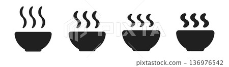 Steaming bowl icon set: four silhouettes in black Steaming bowl icon set: four silhouettes in black 136976542