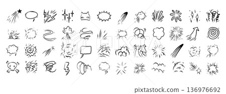 Comic effect manga elements set in black ink on white background. Hand drawn doodle bursts, speed lines, speech Comic effect manga elements set in black ink on white background. Hand drawn doodle bursts, speed lines, speech 136976692