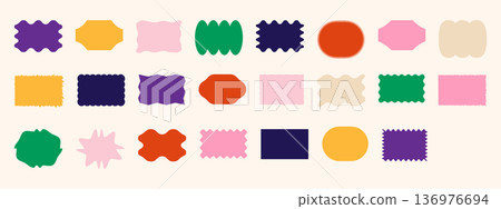 Set of colorful wavy geometric stickers. Pastel triangles, hexagons and rectangles for modern tags, abstract labels  136976694