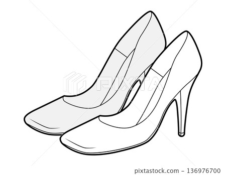 Pump women square toe heel sketch pair. Modern dress footwear with clean lines for office, wedding. Technical illustration, 136976700