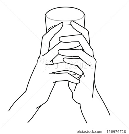 Line drawing of two hands holding a glass of water 136976728