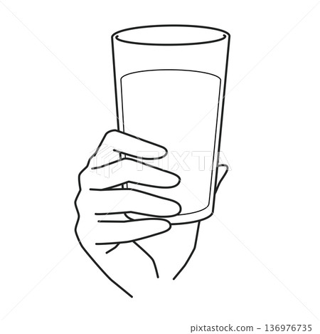 Line drawing of a hand holding a glass of water 136976735