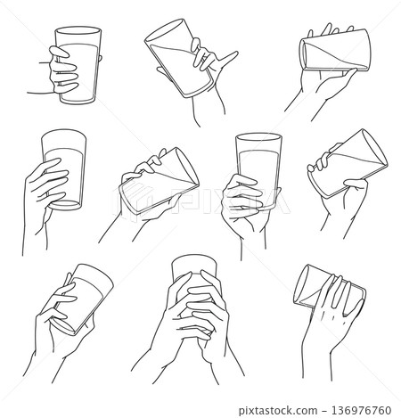10 line drawings of hands holding a glass of water 136976760