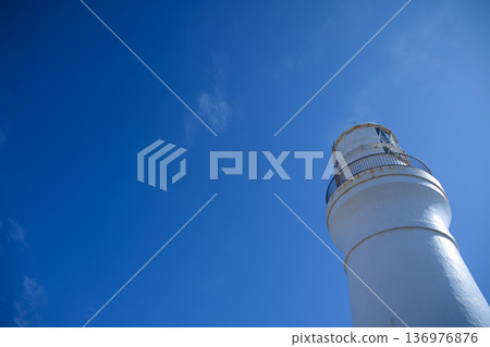 Copy space of a wide blue sky and the white Omaezaki Lighthouse 136976876