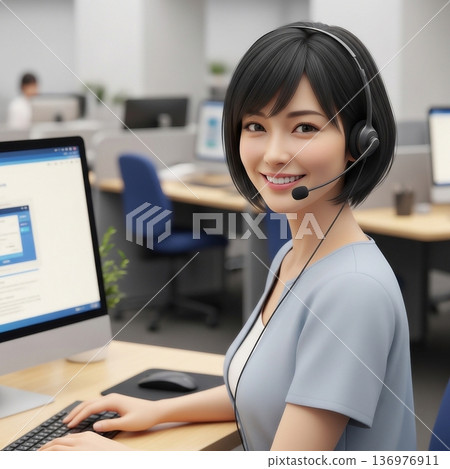 A young female employee working at a call center in the office 136976911