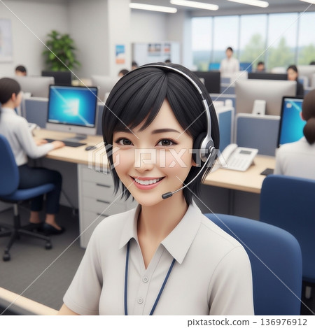A young female employee working at a call center in the office A young female employee working at a call center in the office 136976912
