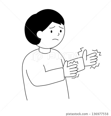 Monochrome illustration and line drawing vector of a man suffering from trembling hands Monochrome illustration and line drawing vector of a man suffering from trembling hands 136977558