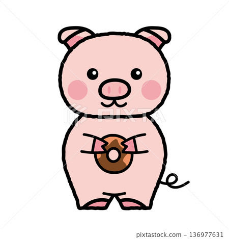 A simple and cute illustration of a pig holding a donut 136977631