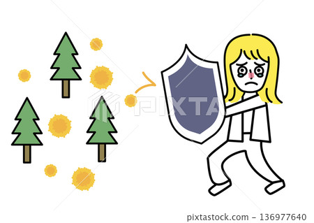 圖說:一名花粉症患者一邊哭泣一邊用盾牌對抗花粉症。 圖說:一名花粉症患者一邊哭泣一邊用盾牌對抗花粉症。 136977640
