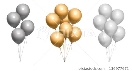 Bunch of happy birthday balloons 3d, minimal bday present. Gold, silver corol party decoration, vector isolated on white bg. Inflated air balls float, realistic element mockup. Anniversary helium gift 136977671