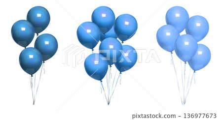 3d blue balloon bunch float, minimal happy birthday gift. Vector realistic mockup on white bg, Party mid air decor, isolated invitation design element. Anniversary round decoration balls, bday glossy 136977673