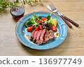 Beef tenderloin steak and red wine. 136977749