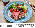 Beef tenderloin steak and red wine. 136977752