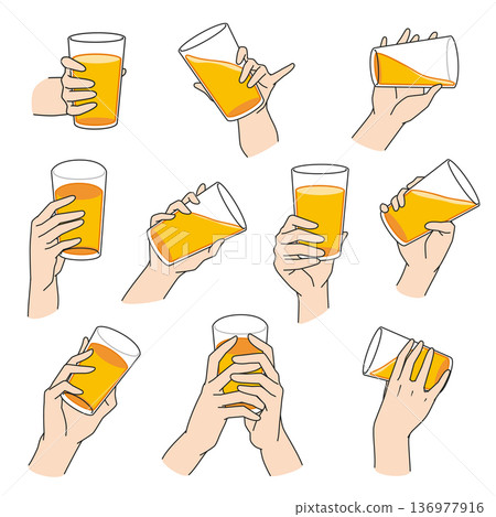 10 illustrations of hands holding a glass of juice 10 illustrations of hands holding a glass of juice 136977916