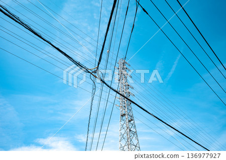 Electric lines and high-voltage power lines in urban areas a-4 Light color 136977927