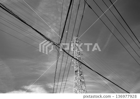 Electric wires and high-voltage power lines in urban areas a-5 monochrome 136977928