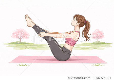 一位二十多歲的女子在櫻花盛開的公園裡練習瑜珈。 136978095