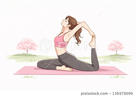 一位二十多歲的女子在櫻花盛開的公園裡練習瑜珈。 136978099