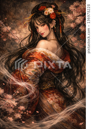 一位美麗的日本女子被櫻花環繞 | 一幅身著和服的美麗女子的精彩肖像 一位美麗的日本女子被櫻花環繞 | 一幅身著和服的美麗女子的精彩肖像 136978228